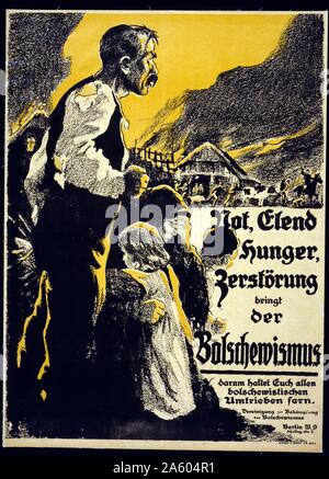 République de Weimar Allemagne affiche représentant une famille regardant en détresse que leur ferme est brûlé et les animaux confisqués. (Non, Elend, faim, Zerstörung bringt der Bolschewismus);le bolchevisme apporte la détresse, l'adversité, de la faim et de la destruction. Banque D'Images