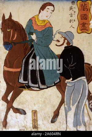 Imprimer japonais montre une femme à cheval et un man smoking a cigarette debout à côté d'elle. . Bankoku zukushi - Igirisujin (sur les terres étrangères - anglais). Par Yoshitora Utagawa, active de 1850 à 1870, artiste japonais Banque D'Images