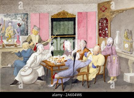 Le dessin montre deux messieurs plus âgés assis à la tête d'une table desservie par trois jeunes fonctionnaires tandis que trois musiciens accompagnent la fête dans une maison bien meublée avec un réveil de l'ouest sur une étagère à droite et couleur peinture accrochée au mur à gauche. Comprend les caractères de langue chinoise à l'arrière. Datée 1880 Banque D'Images