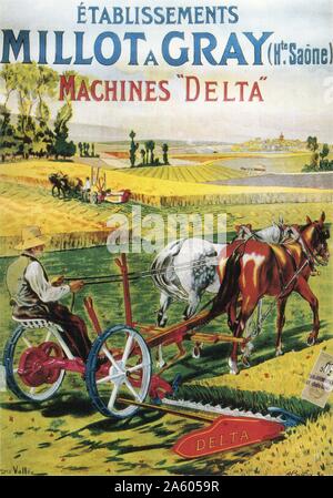 Affiche publicitaire pour 'Delta' Machines agricoles conçu par la firme française Millot en gris. Autour de 1900 Banque D'Images