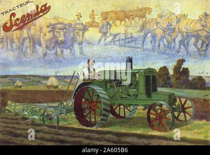 La publicité pour le tracteur Scemia français, tapez u20 sous licence britannique Saunderson. Vers 1920 Banque D'Images