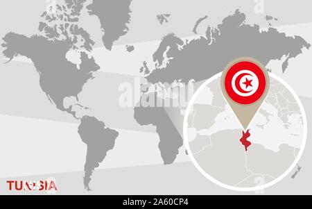 Carte du monde avec la Tunisie grossie. Drapeau de la Tunisie et de la carte. Illustration de Vecteur