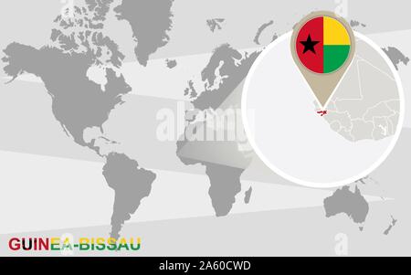 Carte du monde avec la Guinée-Bissau grossie. La Guinée-Bissau d'un drapeau et d'une carte. Illustration de Vecteur