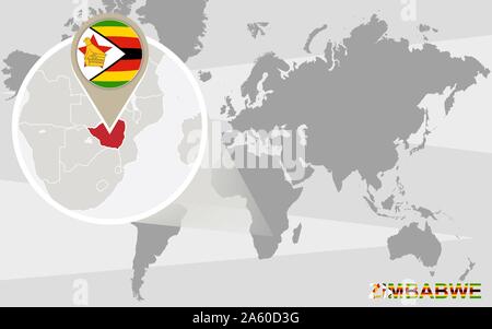 Carte du monde avec amplifiés au Zimbabwe. Drapeau du Zimbabwe et de la carte. Illustration de Vecteur