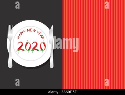 Bonne année 2020 avec l'aide de conception de cartes, 2020 Nombre de chili en utilisant la carte menu restaurant Illustration de Vecteur