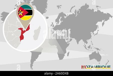 Carte du monde avec amplifiés au Mozambique. Drapeau du Mozambique et de la carte. Illustration de Vecteur