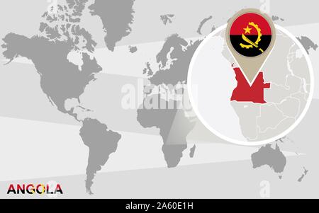 Carte du monde avec l'Angola grossie. Drapeau de l'Angola et de la carte. Illustration de Vecteur