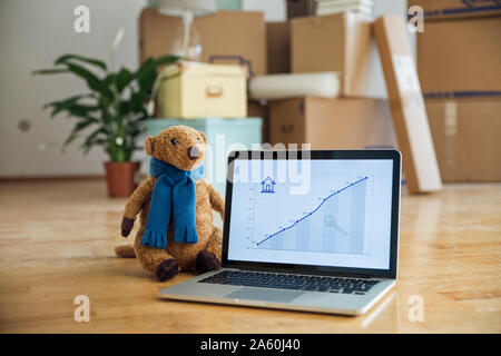 Ours et la hausse ligne graphique sur un écran d'ordinateur portable en face de boîtes de carton dans une nouvelle maison Banque D'Images