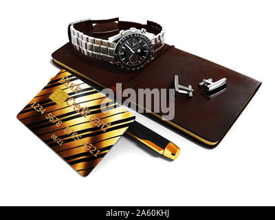 Le bloc-notes d'entreprise montres-bracelets manchette stylo rendu 3D de la carte de crédit sur fond blanc avec ombre Banque D'Images