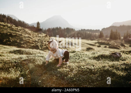 Petit garçon heureux de ramper sur une prairie alpine, Schwaegalp, Nesslau, Suisse Banque D'Images