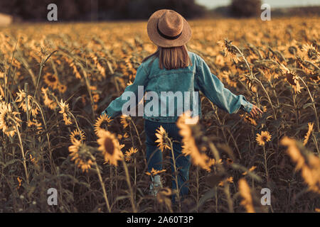 Vue arrière du jeune femme avec chapeau et veste jeans dans un champ de tournesols au coucher du soleil à Lleida Banque D'Images