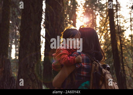 Mère tenant une petite fille dans la forêt au coucher du soleil à Sequoia National Park, Californie, USA Banque D'Images