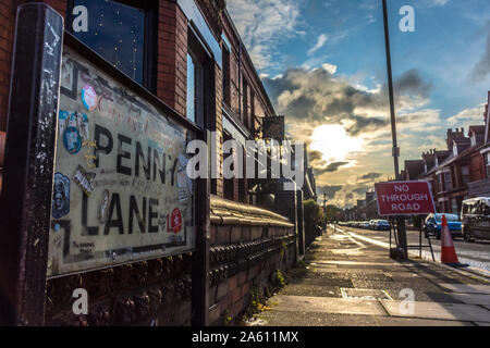 Penny Lane réflexions, Liverpool, Royaume-Uni. La rue rendue célèbre par la chanson des Beatles. Banque D'Images