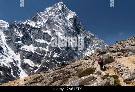 Jeune femme en randonnée dans le parc national de Sagarmatha, Camp de base de l'Everest trek, au Népal Banque D'Images