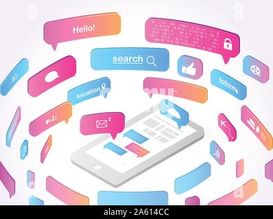 Social media concept isométrique avec le smartphone pour l'envoi de publications et de leur partage dans les médias sociaux, le magasinage en ligne la lecture des nouvelles et des sms message à Illustration de Vecteur