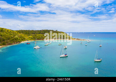 Voiliers et catamarans amarré dans une baie tropicale, vue aérienne par drone, mer des Caraïbes, Antilles, Antilles, Caraïbes, Amérique Centrale Banque D'Images