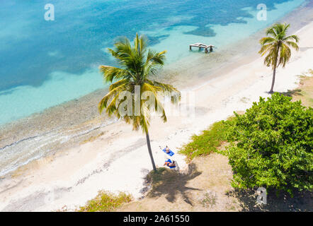 L'homme et de la femme se détendre sur la plage bordée de palmiers, vue aérienne par drone, mer des Caraïbes, Antilles, Antilles, Caraïbes, Amérique Centrale Banque D'Images