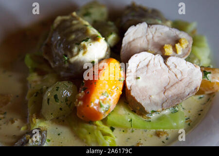 Une assiette de ragoût de porc avec des légumes d'hiver. Le plat comprend les carottes, les échalotes et une sauce crémeuse. Banque D'Images