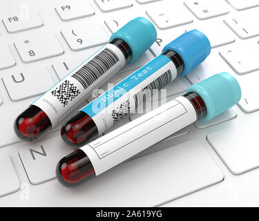 Le rendu 3D de l'HbA1c les tubes de prélèvement sanguin allongé sur clavier d'ordinateur. Pour tester le concept du diabète. Banque D'Images