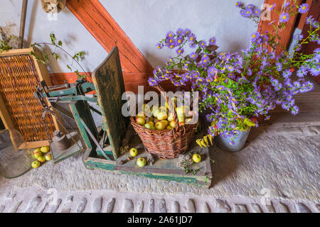 Bad Windsheim, Allemagne - 16 octobre 2019 : vue sur le sol en pierre et décoration d'automne avec des fleurs, les citrouilles et les fruits Banque D'Images