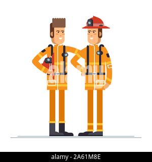 Officier pompier en protégeant l'équipement personnel pour agir. Caractère vectoriel cool sur les pompiers secouristes personnage masculin au design plat Illustration de Vecteur