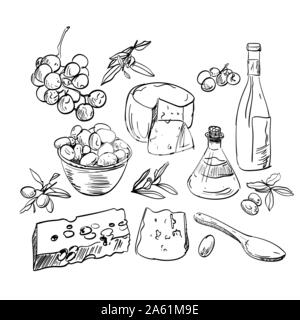 Ensemble d'alimentation à la main l'huile d'olive et fromages différents Illustration de Vecteur