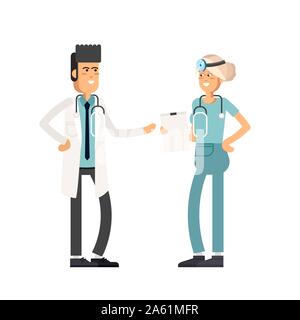 Les médecins des équipes sur un fond blanc. Médecin et une infirmière. Vector illustration style de télévision Illustration de Vecteur