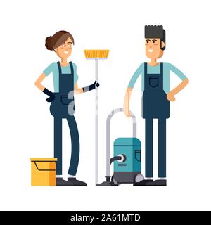 Société nettoyage vector concept design. Le personnel de nettoyage de l'équipement de nettoyage avec des caractères dans un modèle plat. Friendly smiling stan travailleurs janitor Illustration de Vecteur