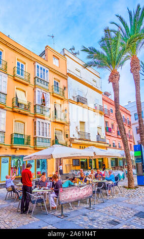 Cadix, Espagne - 19 septembre 2019 : restaurants sur place de la cathédrale d'offrir de la variété de plats andalous traditionnels à l'air libre en été, terrasses Banque D'Images