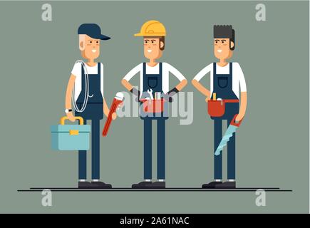 Les travailleurs de la construction à plat. caractères vectoriels Jeune homme friendly smiling workers en salopettes vêtements isolés et d'outils de construction de portefeuille. Bui Illustration de Vecteur