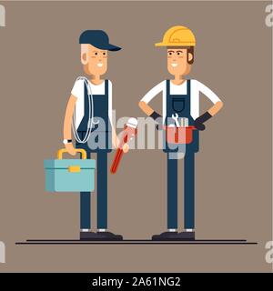 Deux travailleurs plombier, personnage masculin debout tenant la boîte à outils et plombier clé. Plomberie adultes souriant professionnel prêt à wor Illustration de Vecteur