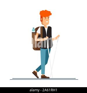 Personnage masculin, la randonnée à pied touristique. Un jeune homme engagé dans le sport actif. Vector illustration d'un modèle plat Illustration de Vecteur