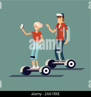 Young man and woman riding sur gyroscooters électrique. Vector illustration de télévision appareil moderne. gyroscooters Gyroscooters urban transport personnel. Un Illustration de Vecteur