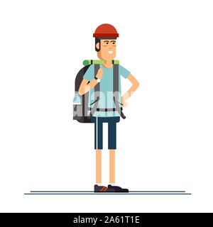 Personnage masculin, la randonnée à pied touristique. Un jeune homme engagé dans le sport actif. Vector illustration d'un modèle plat Illustration de Vecteur