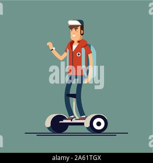 Jeune homme équitation sur gyroscooters électrique. Vector illustration de télévision appareil moderne. gyroscooters Gyroscooters transport personnel urbain Illustration de Vecteur