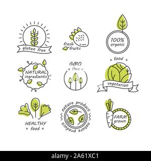 Vector set de produits biologiques et écologiques des étiquettes et badges - collection de différentes icônes et illustrations relatives à des aliments frais et sains - natura Illustration de Vecteur