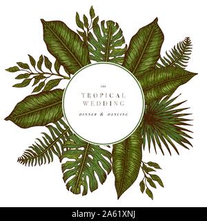 Feuilles de palmiers tropicaux. Jungle tour d'invitation de mariage. Modèle de conception. Vector illustration. Jungle gravé de feuilles. Illustration de Vecteur