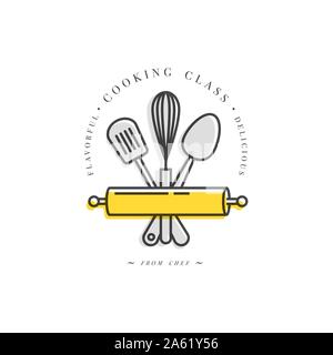 L'élément de conception linéaire de cuisine, cuisine emblème, symbole, l'icône ou le food studio label. Cours de cuisine modèle signe ou logo, identité culinaire, scho Illustration de Vecteur