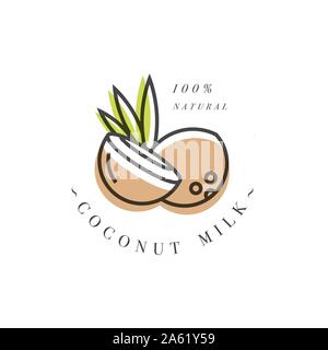 Vector set de l'élément de conception d'emballage et de l'icône de style linéaire - lait de coco - boisson vegan sain. Inscrivez-Logo Illustration de Vecteur