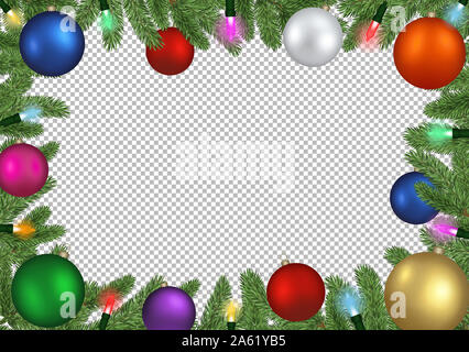 Arrière-plan de Noël avec des branches de pins, des boules de noël et les lumières de Noël Banque D'Images