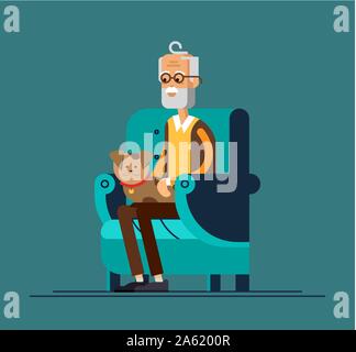 Grand-père assis sur chaise confortable et garder le chiot sur les genoux. Vector illustration d'un modèle plat. Vieil homme à la retraite Illustration de Vecteur