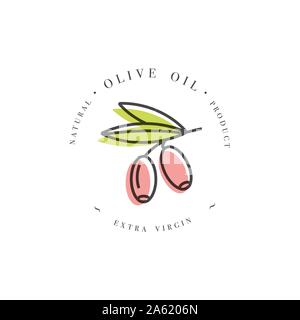 Vector set de l'élément de conception d'emballage et de l'icône de style linéaire - huile d'olive - la nourriture végétalienne saine. Logo le signe. L'huile d'olive extra vierge Illustration de Vecteur