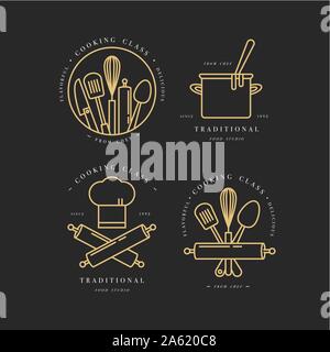 Éléments de conception linéaire d'or, ensemble de cuisine emblèmes, symboles, icônes ou étiquettes food studio et insignes collection. Des cours de cuisine signes modèle ou l Illustration de Vecteur
