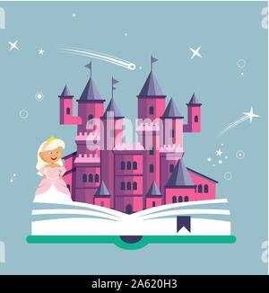 Concept d'imagination avec livre ouvert château rose et mignon petit blond princes. Aventure magique fée, livre pour enfants. Illustration de Vecteur