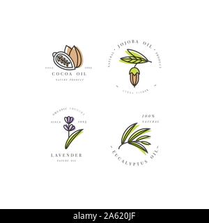 Vector set de modèles de conception d'emballage et emblèmes - beauté et cosmétiques - huiles essentielles de lavande, de cacao, de jojoba et d'eucalyptus. Dans le quartier branché d'Logos styl linéaire Illustration de Vecteur