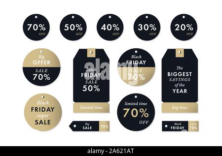 Le black friday : golden autocollants et étiquettes. Vector saison des vacances d'hiver vente marketing visuels campagne Illustration de Vecteur