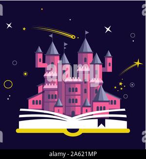 Concept d'imagination avec livre ouvert château rose. Aventure magique fée, livre pour enfants. Illustration de Vecteur