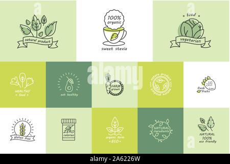 Vector set de produits biologiques les étiquettes et badges - collection de différentes icônes et illustrations relatives à des aliments frais et sains, naturels, -vegan Illustration de Vecteur