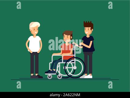 Groupe d'enfants heureux et de communiquer les uns avec les autres et à jouer ensemble. Prendre soin de l'enfant handicapé de concept. Télévision vecteur iilustration garçons fri Illustration de Vecteur