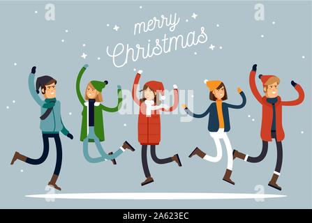 Vacances d'hiver heureux. Des gens habillés chaudement dans le saut. Merry chrismas vocation. Vector illustration dans un style plat Illustration de Vecteur